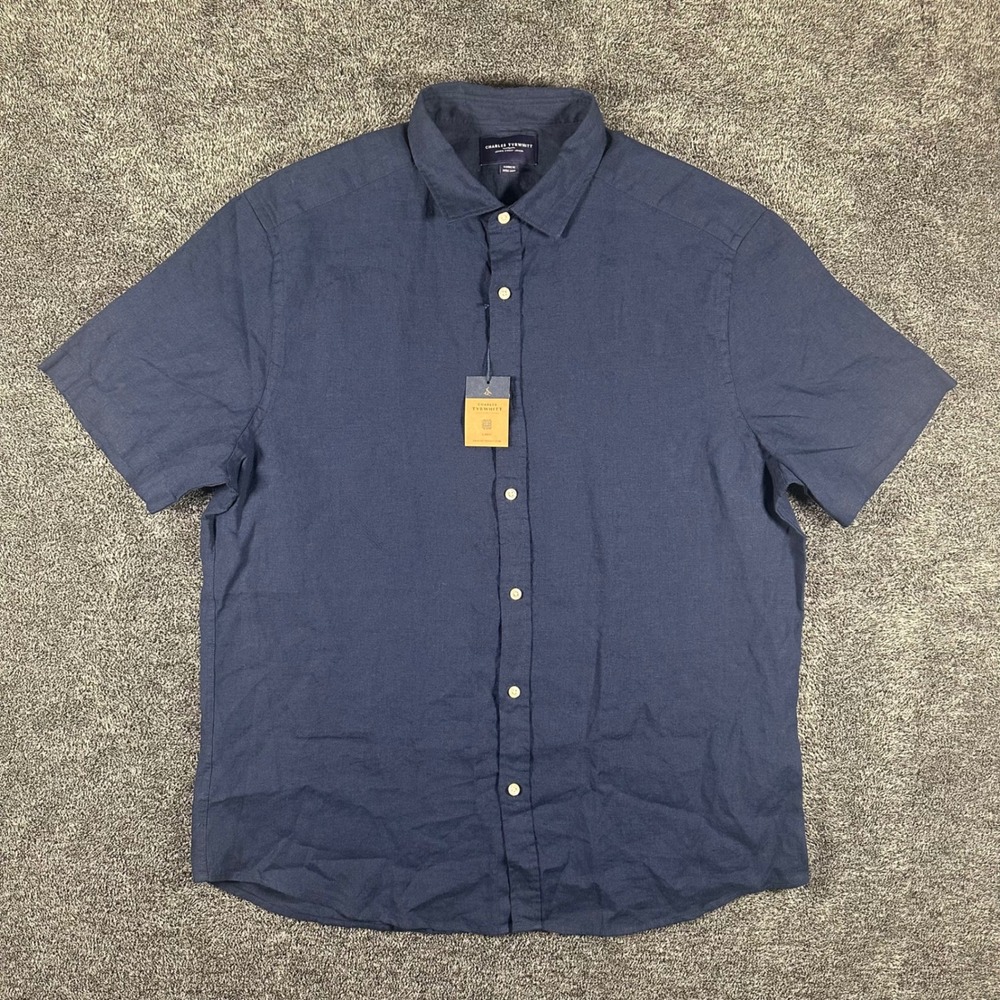Charles Tyrwhitt Linen Shirt Mens XL Classic Fit Navy Blue Short Slv Preppy NEW